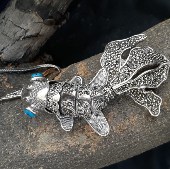 Gold Fish Marcasite and Turquoise Necklace - Picture 4 of 11